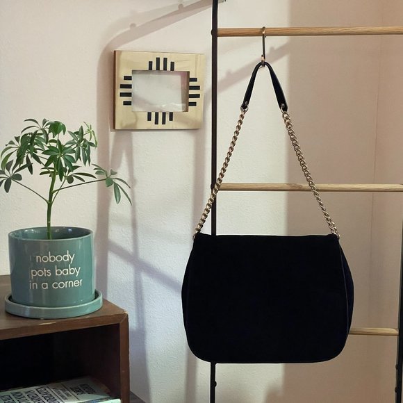 H&M black suede satchel bag with gold link chain strap. - Picture 1 of 5
